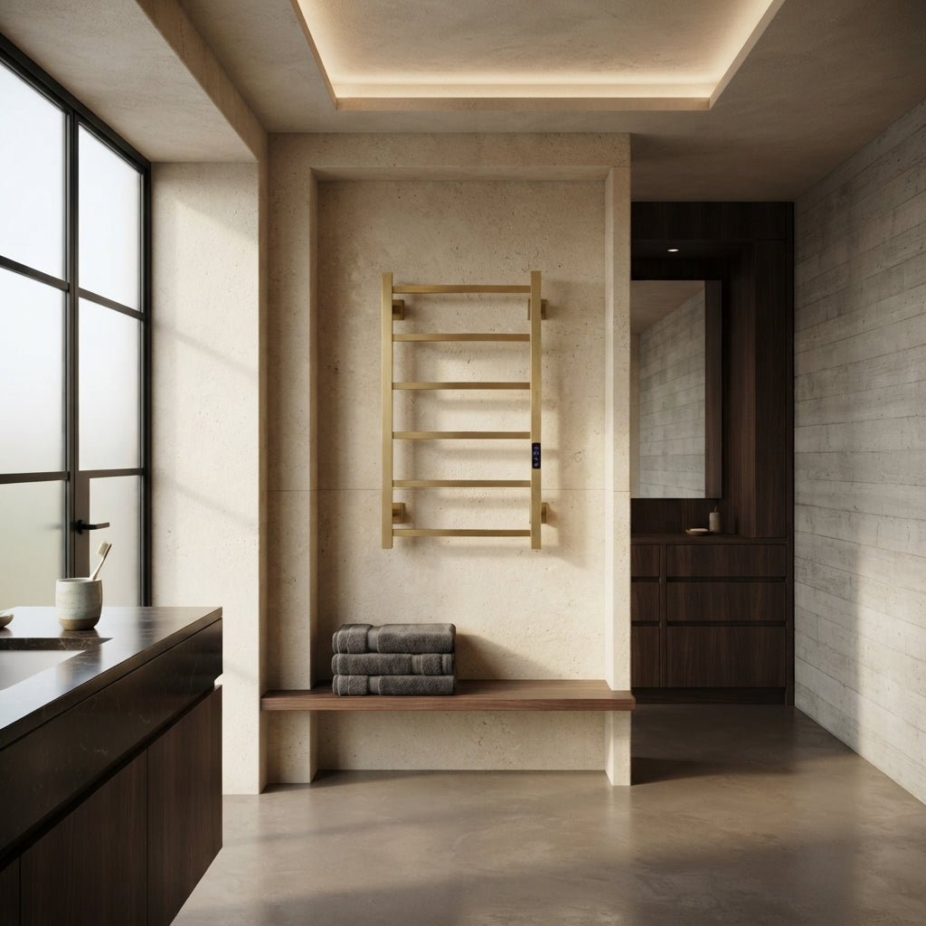 Reina Velino Brushed Brass Steel Dry Electric Bathroom Radiator in 800H x 500W