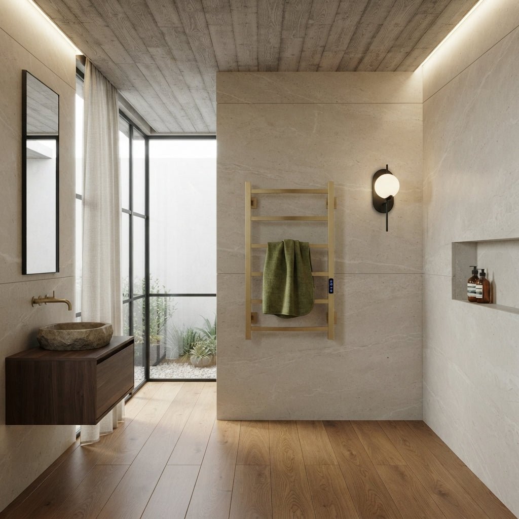 Reina Velino Brushed Brass Steel Dry Electric Bathroom Radiator in 800H x 500W