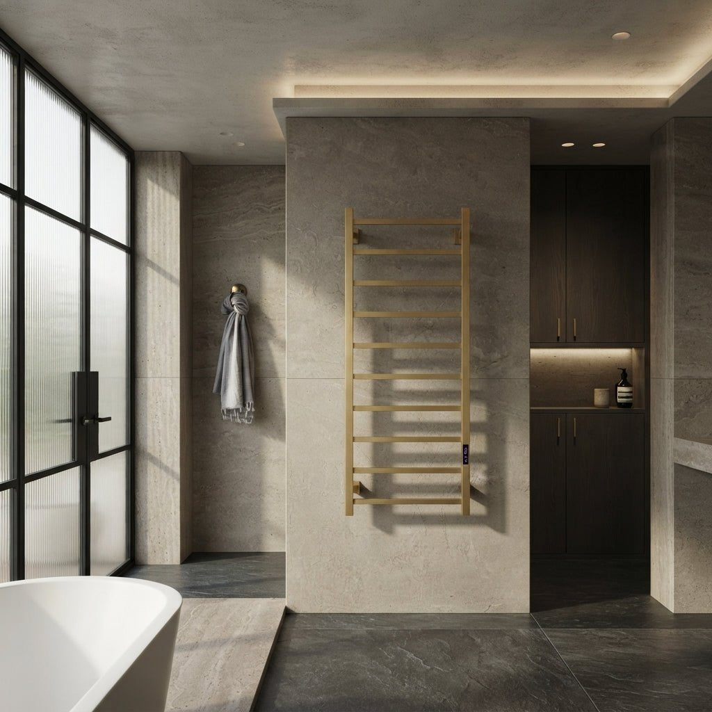 Reina Velino Brushed Brass Steel Dry Electric Bathroom Radiator in 800H x 500W