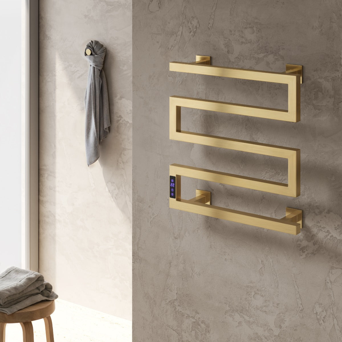 Reina Vispa Sculptural Brushed Brass Dry Electric Heated Towel Rail 510H x 500W