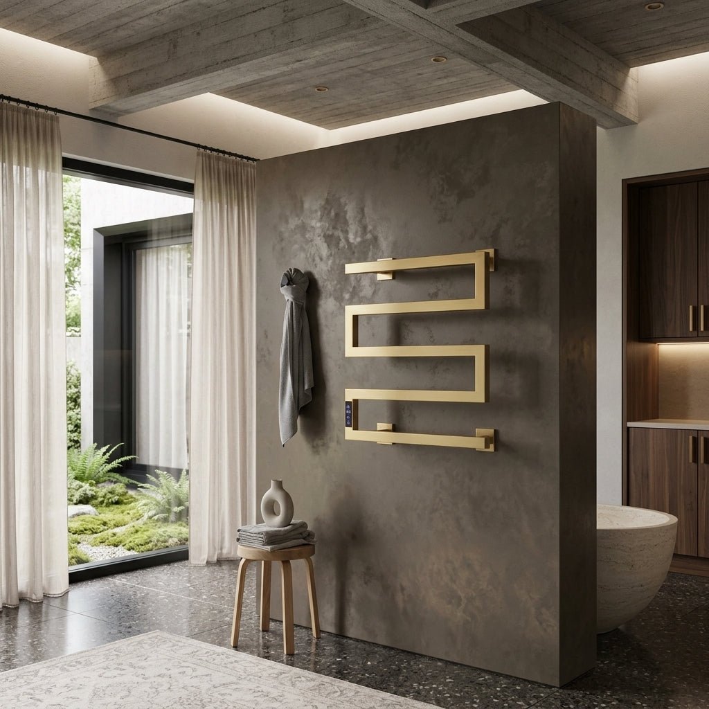 Reina Vispa Steel Brushed Brass Dry Electric Heated Towel Rail in Brushed Brass