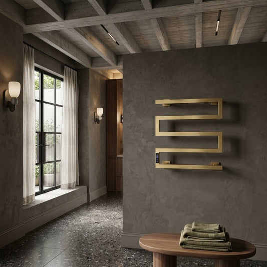 Reina Vispa Steel Brushed Brass Dry Electric Heated Towel Rail in Brushed Brass