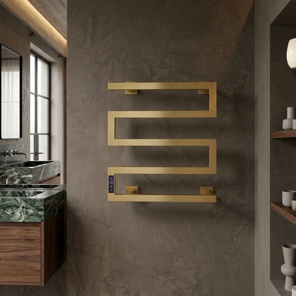 Reina Vispa Steel Brushed Brass Dry Electric Heated Towel Rail in Brushed Brass