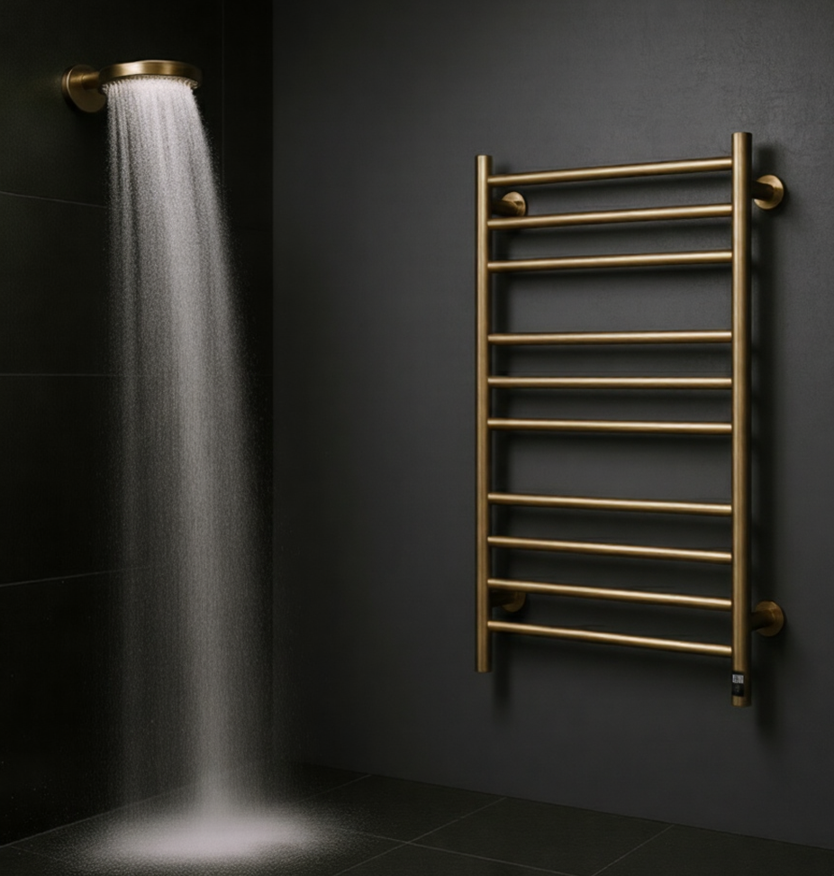Reina Arnage Dry Electric Stainless Steel Brushed Brass Towel Radiator | 1 colour, 2 sizes