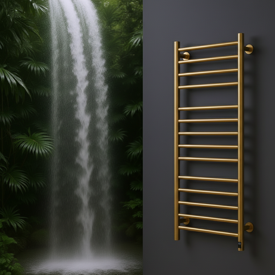 Reina Arnage Dry Electric Stainless Steel Brushed Brass Towel Radiator | 1 colour, 2 sizes