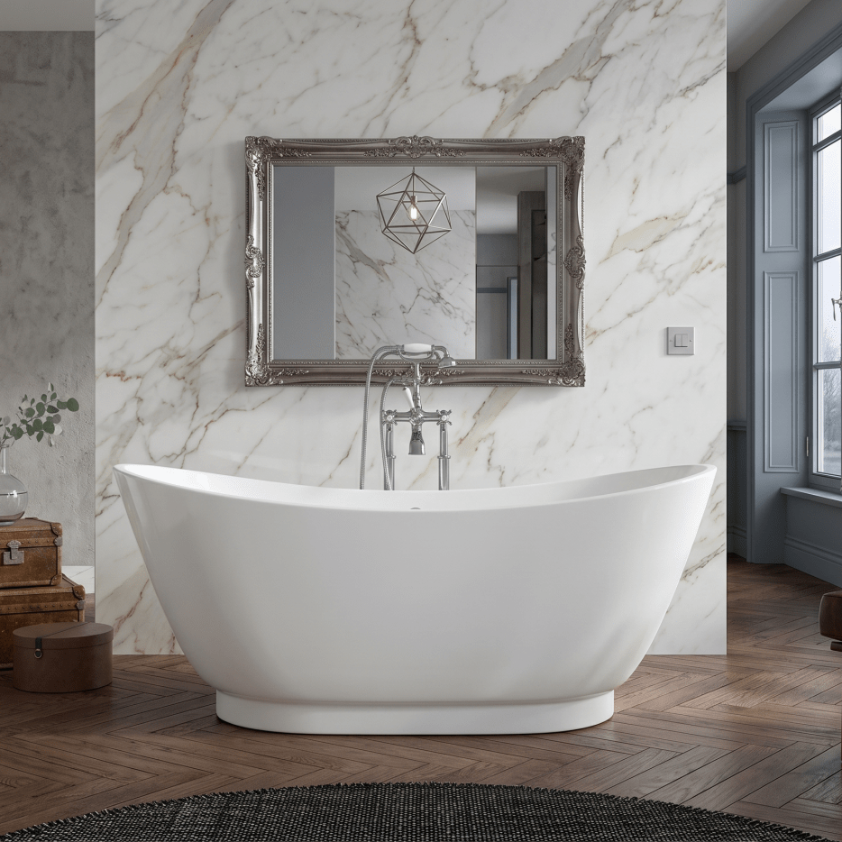 Royce Morgan Quartz Freestanding Bath Tub Modern Tapered Base Design in L1760 x W680 x H670mm