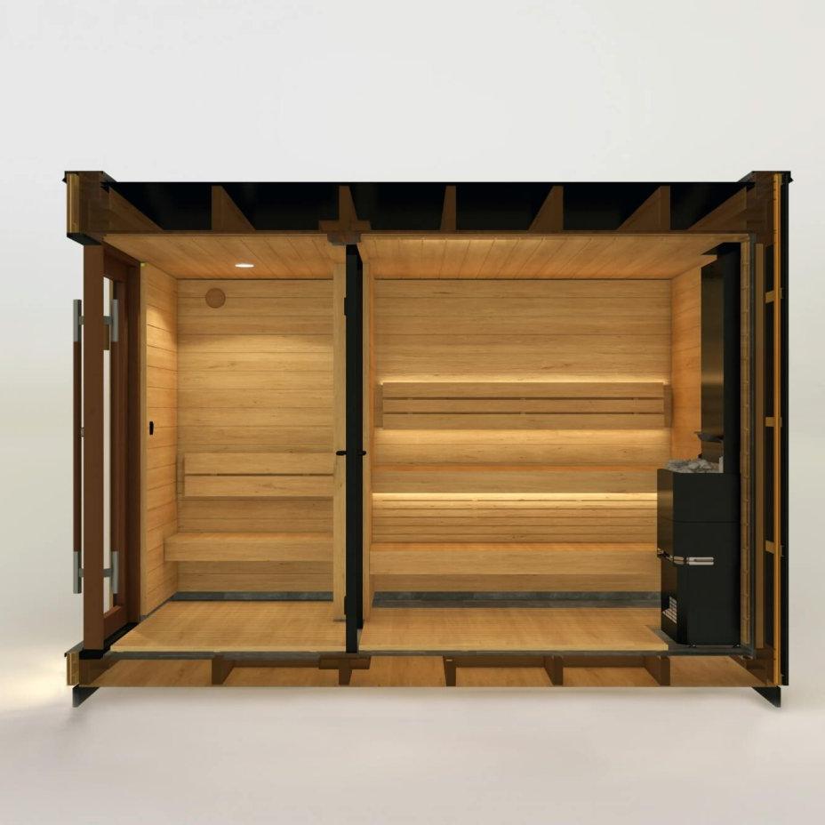 Saunum AirCube Double Ready Made Nordic Outdoor Sauna 5 Seater with Changing Room in
