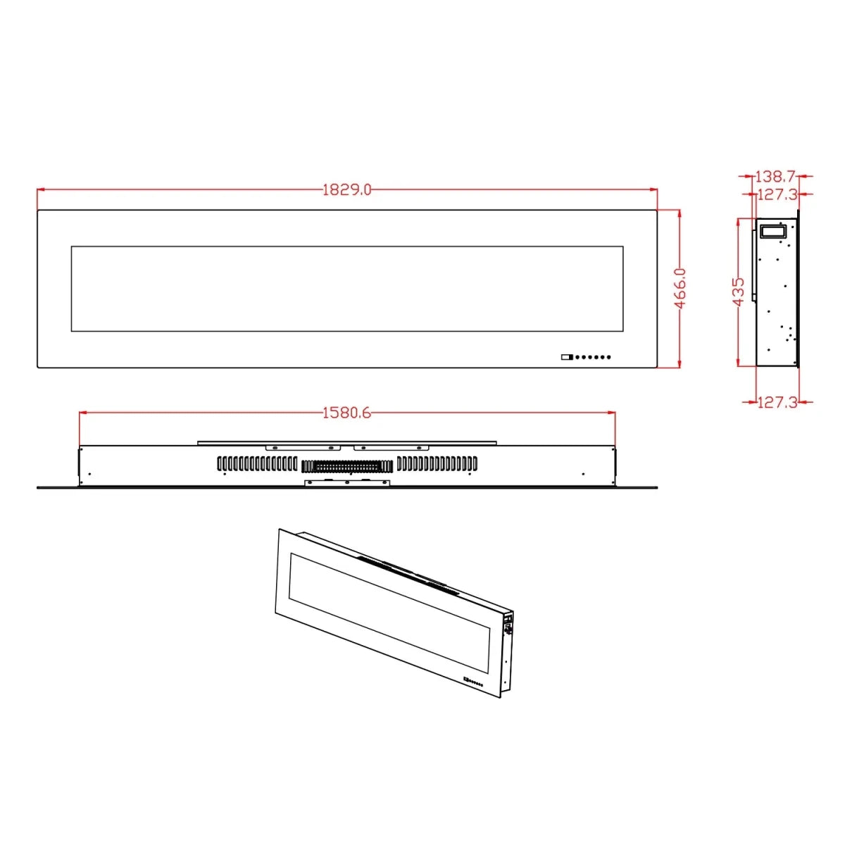 Scandiflames Electric Azurite Wall Mounted Electric LED Fireplace in 46.6H x 182.9W x 13.9D cm
