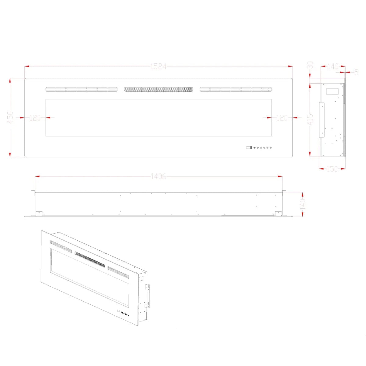 Scandiflames Electric Titanite Built In LED Fireplace Insert in 45H x 127L x 14W cm