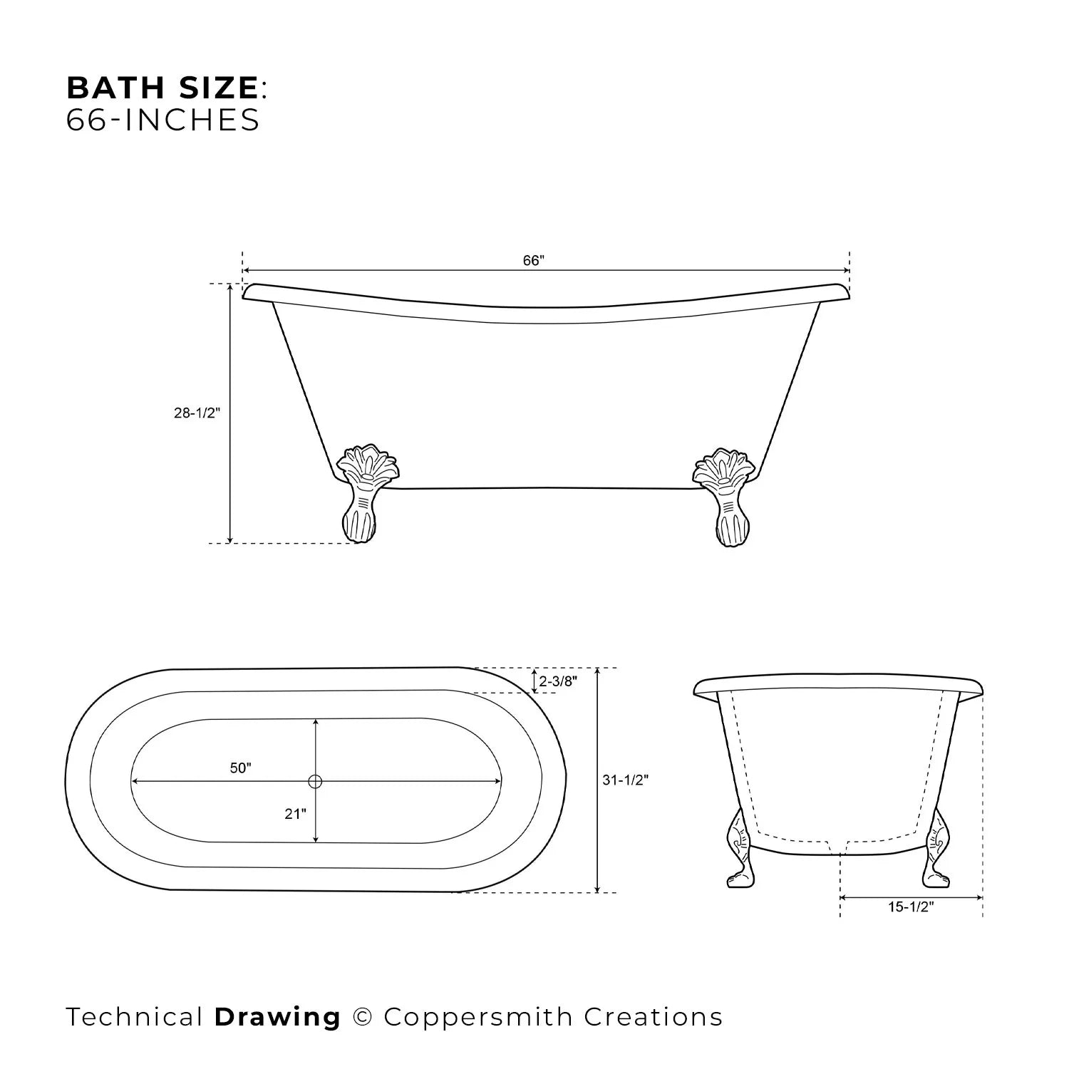 Coppersmith Creations Copper Freestanding Clawfoot Bathtub Green/Brown Patina Exterior Antique Copper Interior
