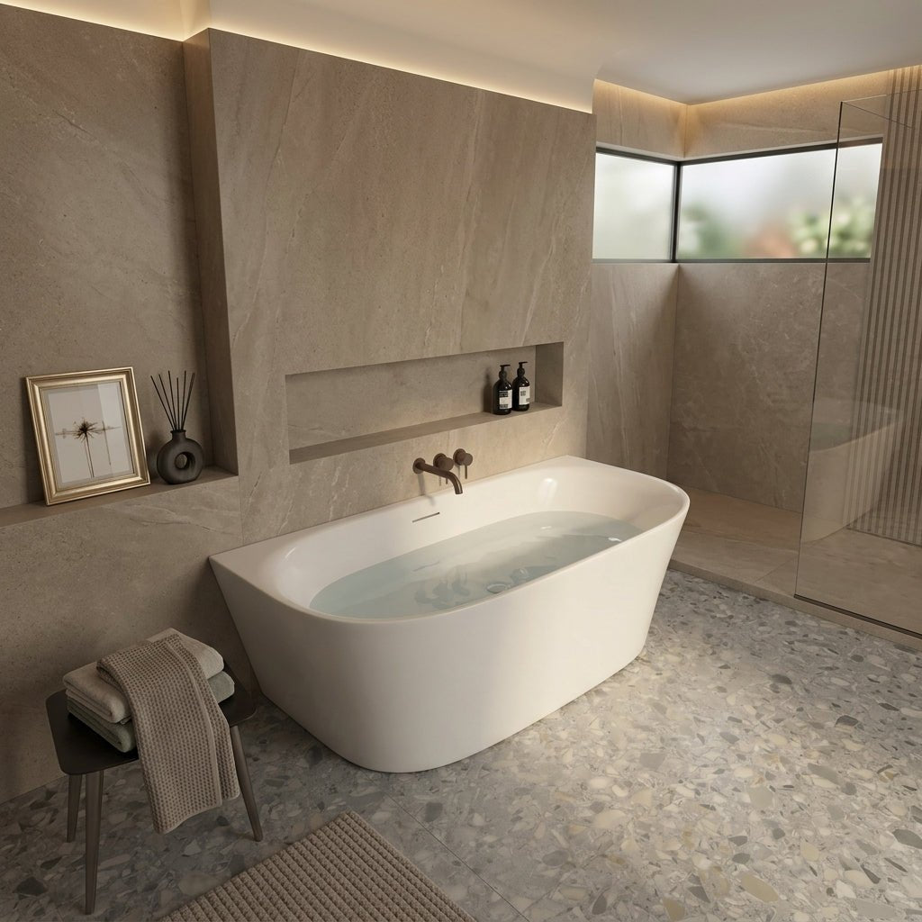 Vincent Alexander Lumley Back to Wall Freestanding Bathtub in Gloss White